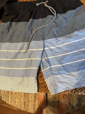 Men's Light Blue Striped Swim Board Shorts with Black Waist